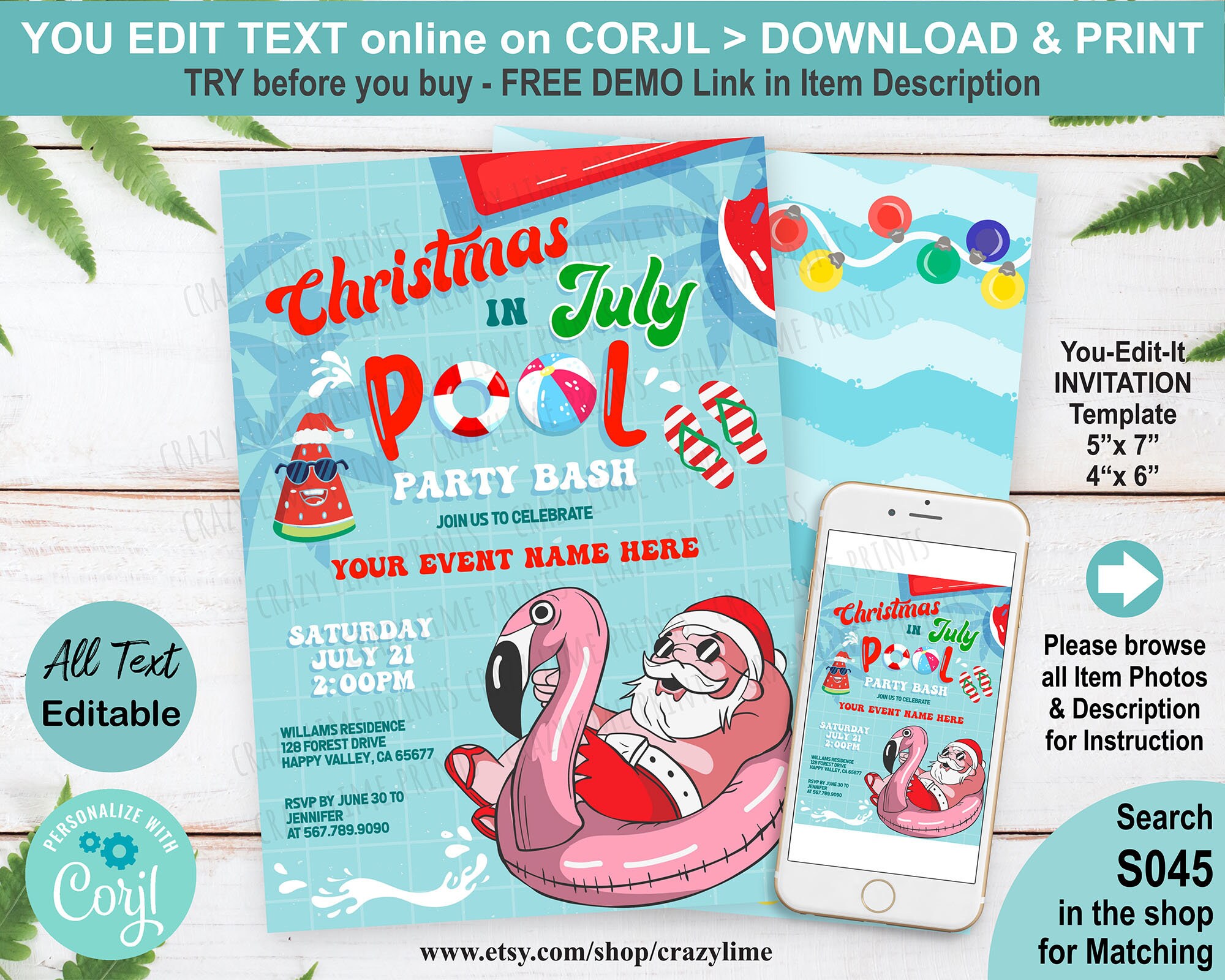 Editable Christmas in July Invitation. Santa Summer Pool Party Invite Template. Fun Birthday. All Text Editable You Edit Online w Corjl S045