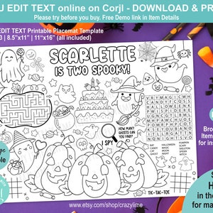Puede incluir: Plantilla de mantel individual imprimible de Halloween en blanco y negro con el texto "SCARLETTE IS TWO SPOOKY!" con fantasmas, calabazas, un laberinto y una búsqueda de palabras. Incluye el texto "YOU EDIT TEXT online on Corjl - DOWNLOAD & PRINT".