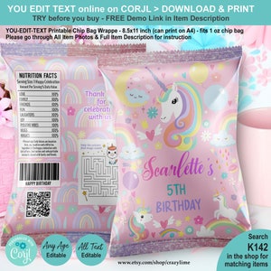EDITABLE Pink Unicorn Chip Bag Wrapper Template. Pastel Rainbow Girl Birthday Party Favors Candy Crisp Treat Label. You Edit Name Age K142