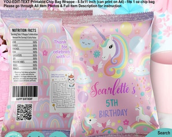 EDITABLE Pink Unicorn Chip Bag Wrapper Template. Pastel Rainbow Girl Birthday Party Favors Candy Crisp Treat Label. You Edit Name Age K142