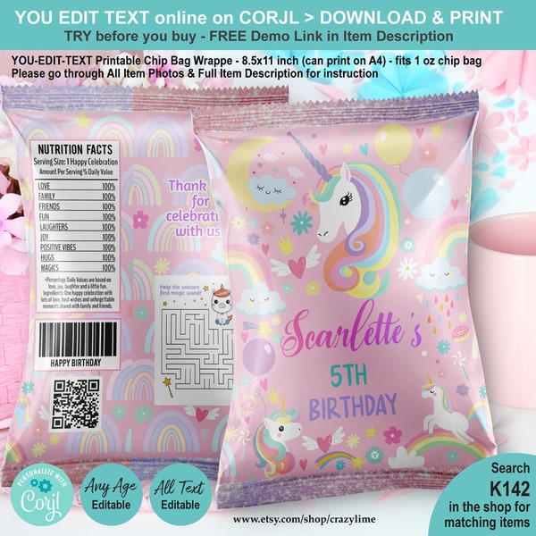 EDITABLE Pink Unicorn Chip Bag Wrapper Template. Pastel Rainbow Girl Birthday Party Favors Candy Crisp Treat Label. You Edit Name Age K142