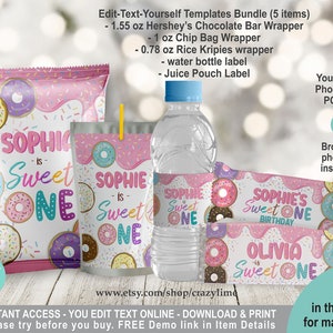 EDITABLE Donut Sweet One 1st Birthday Party Favors Bundle 5 Templates. Printable Pink Girl Party Treat. Personalised Chip Bag Chocolate 2039