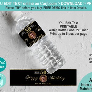 EDITABLE 50th Birthday Water Bottle Label Template. Printable Black ...