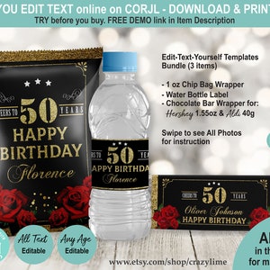 EDITABLE Red Rose Woman 50th Birthday Party Favors Bundle Set of 3 Templates. Chip Bag Water Bottle Chocolate Wrapper, Treat Label. AB226
