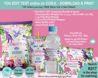 May include: A set of printable dinosaur-themed party labels for a 4th birthday. The labels feature a pink and purple dinosaur with a watercolor design. The labels are for a variety of items, including chip bags, water bottles, juice pouches, and chocolate bars. The labels are editable and can be personalized with the child's name and age. The text on the labels reads "Scarlette's 4th Birthday" and "Stomp, Chomp and Rawr! Scarlette's 4th Birthday".
