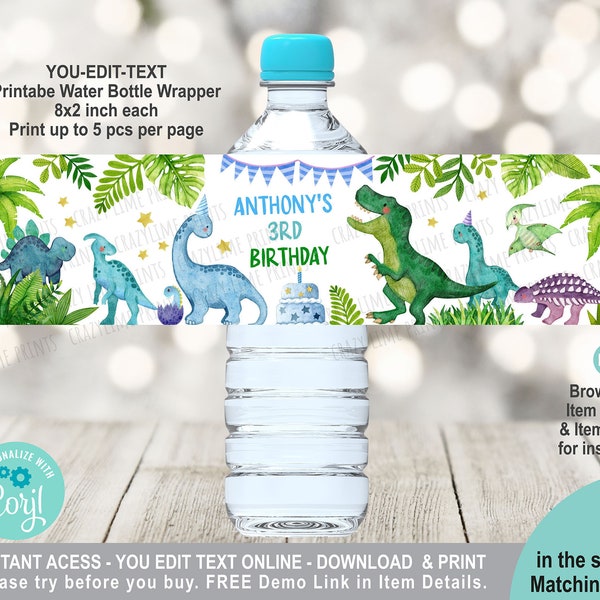 EDITABLE Dinosaur Water Bottle Label Template. Printable Cute Dino T-rex Party Favor. Personalised Boy Birthday Table Decoration K017