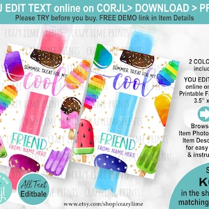 EDITABLE Popsicle Gift Tag. End of School Year Summer Freeze Pop Holder. Ice Pop Card Personalised School Classmate Kid Gift Label K024