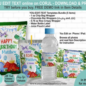 EDITABLE Dinosaur Birthday Party Favors Bundle Set of 5 Templates. Any Age. Printable Treat Chip Bag Candy Bar Juice Water Label K133