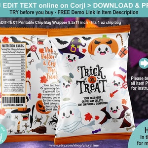 EDITABLE Halloween Little Ghost Chip Bag Template. Personalised Name Cute Kid Party Favors Crisp Candy Treat Bag Label Printable HA916