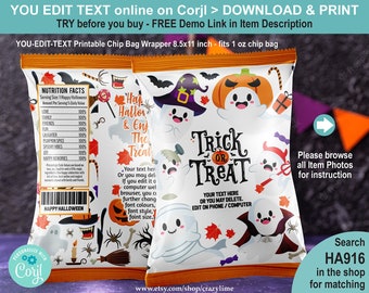 EDITABLE Halloween Little Ghost Chip Bag Template. Personalised Name Cute Kid Party Favors Crisp Candy Treat Bag Label Printable HA916