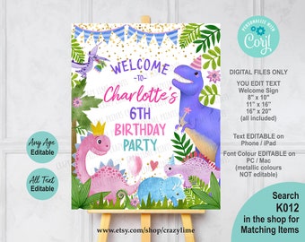 Editable Girl Dinosaur Birthday Party Welcome Sign. Pink Dino T-Rex Dinosaur Birthday Party Table Sign. Poster Decor Digital Printable K012