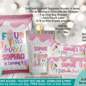 EDITABLE Ice Cream Fourever Sweet 4th Birthday Party Favors Bundle Set of 4 Templates. Printable Pink Girl Treats Chip Bag Chocolate K037