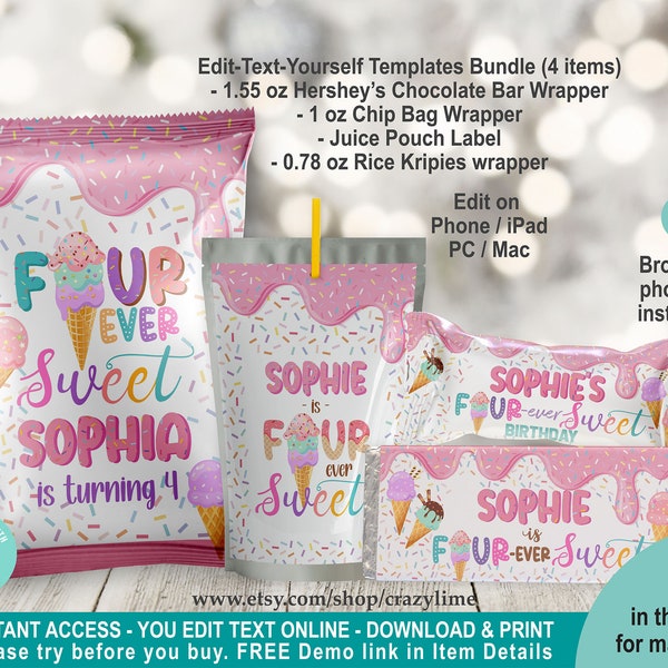 EDITABLE Ice Cream Fourever Sweet 4th Birthday Party Favors Bundle Set of 4 Templates. Printable Pink Girl Treats Chip Bag Chocolate K037