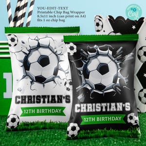 May include: Two printable chip bag wrappers featuring a football theme. The wrappers are black and white with a green border. The text on the wrappers reads "Christian's 12th Birthday".