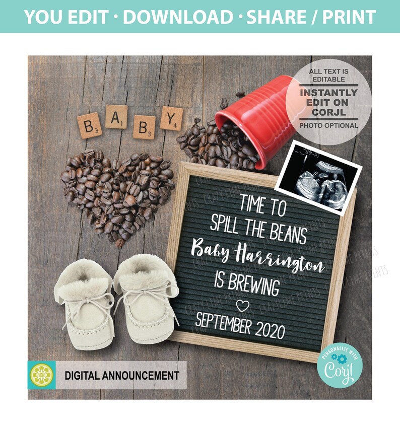 Digital Pregnancy Announcement. social Media. Spill The Beans Etsy
