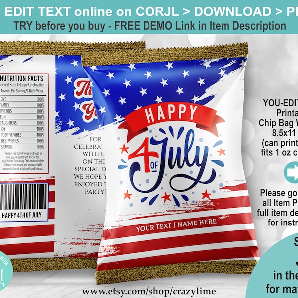 Happy 4th of July Chip Bag Wrapper Template. Happy Independence Day Personalised Name Party Favor Snack Treat Printable Crisp Label  J003