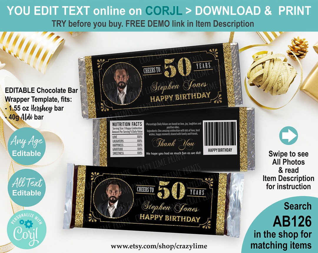 EDITABLE 50th Birthday Chocolate Candy Bar Wrapper Personalised ...