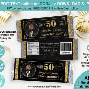 EDITABLE 50th Birthday Chocolate Candy Bar Wrapper Personalised Template. Cheers to 50 Years Man Adult Birthday Party Favor. Printable AB126