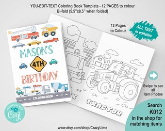 EDITABLE Transportation Coloring Book. 8.5 x 11 inch (5.5 x 8.5 inch after folding) Kid Boy Birthday Activity Instant Download. K006 K004