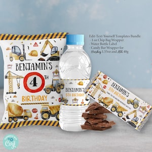 EDITABLE Construction Party Treat Snack Label Package Bundle. Chip Bag Water Chocolate Candy Bar  Kid Birthday Party Favors Template K155