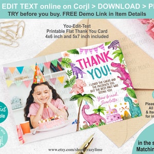 EDITABLE Dinosaur Pink Thank You Card with Photo. Girl Cute Dino Birthday Party Thank You Note. Editable Text Printable Digital Trex K017