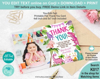 EDITABLE Dinosaur Pink Thank You Card with Photo. Girl Cute Dino Birthday Party Thank You Note. Editable Text Printable Digital Trex K017