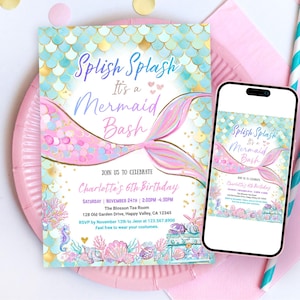 Mermaid Birthday Invitation | Pastel Watercolor Under the Sea Party Template | Pink Purple & Gold (Digital Download) CS064