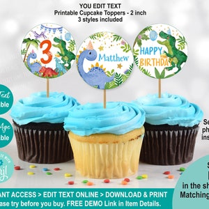 EDITABLE Dinosaur Birthday Party Cupcake Toppers. Personalised Cute Dino Party Table Decor. 2 inch Circles Printable Labels. Corjl K133