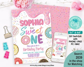 Editable Donut Sweet One 1st Birthday Party Invitation Template. Printable Digital Baby Girl Birthday Invite. Pastel Rainbow Sprinkle. 2039
