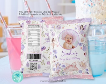 EDITABLE Fairy First 1st Birthday Party Chip Bag Wrapper Template. Whimsical Party Favors Candy Crisp Treat Label. Edit online on Corjl K146