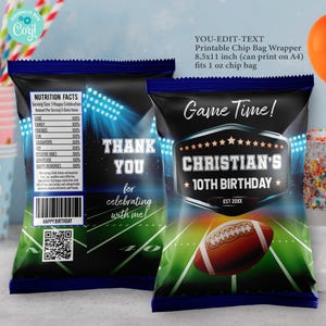May include: Printable chip bag wrapper with a football theme. The wrapper is black with green and white stripes and features a football, stars, and the text "Game Time! Christian's 10th Birthday".