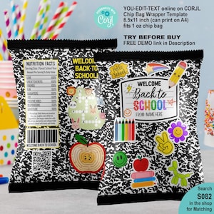 EDITABLE Welcome Back To School Chip Bag Wrapper. Composition Book First Day of School Treat Snack Label Personalised Name Download DIY S082