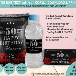 May include: Editable 50th birthday party printable templates for a chip bag, water bottle, and chocolate bar wrapper. The design features a black chalkboard background with silver glitter accents, red roses, and the text "Cheers to 50 Years Happy Birthday".