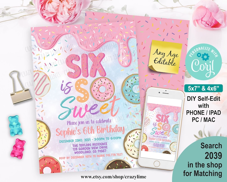 Editable Donut Six Is Sweet Birthday Party Invitation Template Printable Digital Girl 6th Birthday Invite Pastel Rainbow
