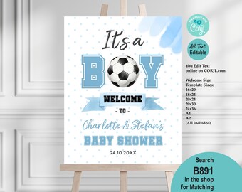 It’s a Boy Soccer Football Baby Shower Welcome Sign Editable Template. Blue Watercolor Sport Theme Printable Poster Signage Decoration B891