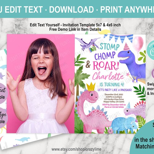 Girl Dinosaur Birthday Invitation Dino Party Photo Invite Wild Etsy