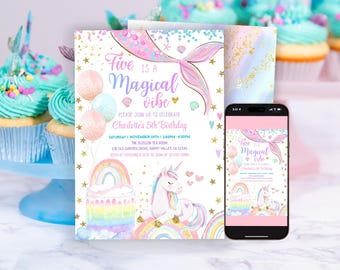 Mermaid Unicorn 5th Birthday Invitation. Girl Party Invite EDITABLE Template. Pastel Tail Five 5 is Magical Vibe Printable Download CK178