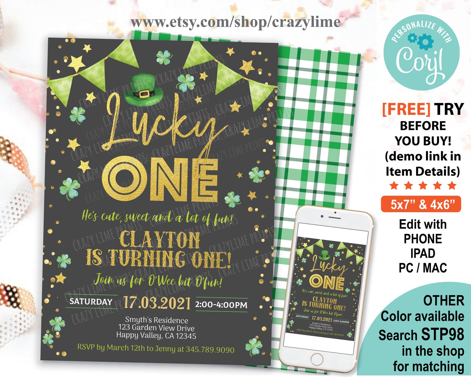 EDITABLE Lucky One Birthday Invitation Template. St | Etsy