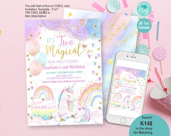 EDITABLE Unicorn Two Magical 2nd Birthday Invitation. Pastel Rainbow Sparkle Gold Invite. Elegant Watercolor Template. Corjl Download K148