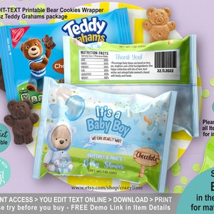 EDITABLE Boy Bear Baby Shower Teddy Cookies Wrapper Template. Personalised We Can Bearly Wait Blue Party Favors Treat. Printable Corjl B005