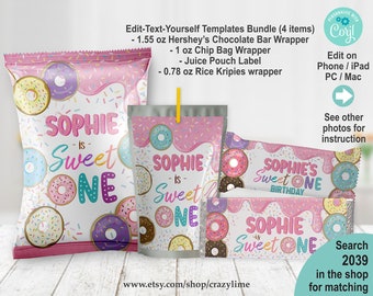 EDITABLE Donut Sweet Sweet One 1st Birthday Treats Bundle Template. Printable Pink Girl Party Favors. Personalised Chip Bag Chocolate 2039
