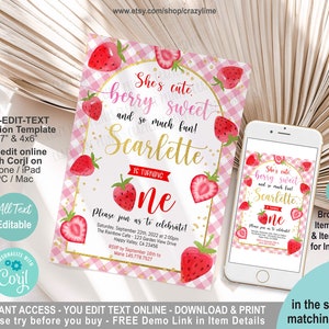 Strawberry Girl 1st Birthday Invitation Editable Template. Cute Berry Sweet Fun Baby first Birthday Party Invite. Digital Edit w/ Corjl S017