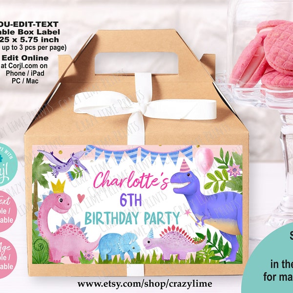 EDITABLE Dinosaur Girl Birthday Gable Box Label. Printable Goody Box / Bag Label Template. Pink Dino Kids Party Favor Personalised Name K012