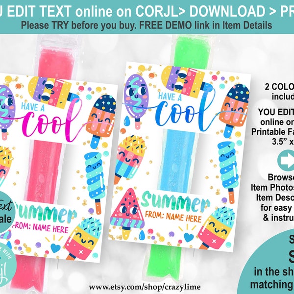 EDITABLE Popsicle Tag Have a Cool Summer. End of School Year Freeze Pop Holder. Ice Pop Card Personalised School Kid Class Gift Label S027