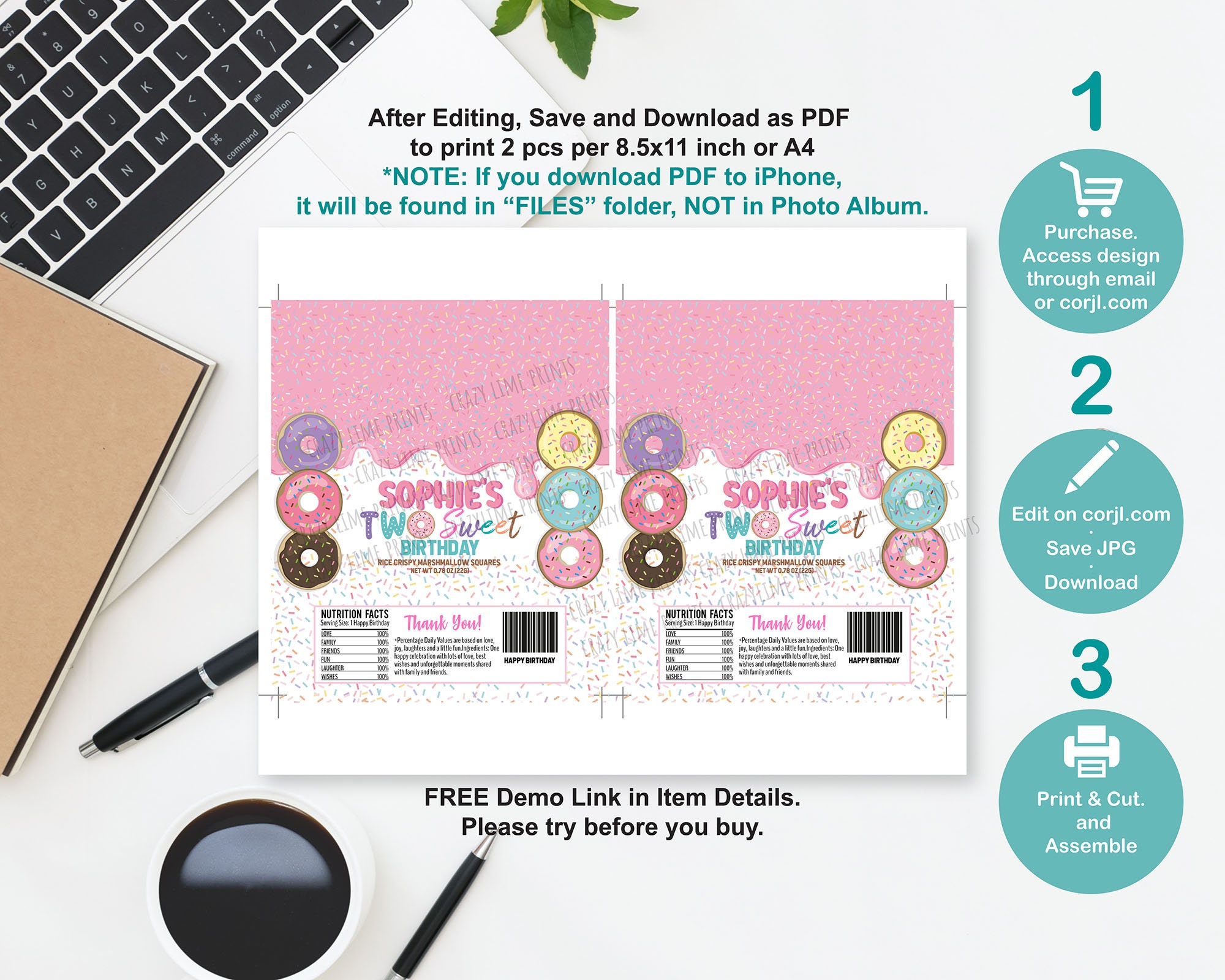 EDITABLE Donut Two Sweet 2nd Birthday Party Favors Bundle 5 Templates ...