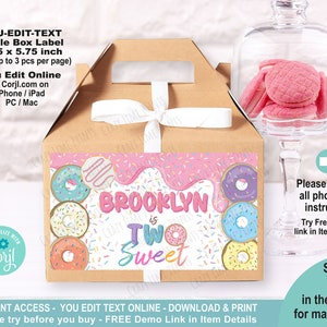 Pode incluir: Um rótulo de caixa de presente imprimível para uma festa de aniversário. O rótulo apresenta um tema de donut rosa e branco com o texto "Brooklyn is Two Sweet". O rótulo mede 3,25 polegadas por 5,75 polegadas e pode ser impresso até 3 por página.