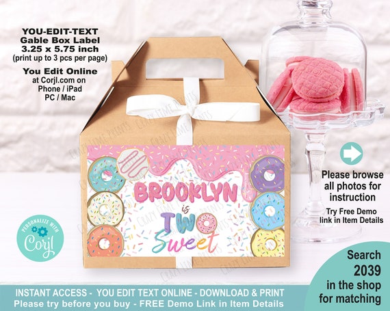 Donut Two Sweet Girl 2nd Birthday Gable Box Label. Printable Goody Box / Bag Label Editable Template. Doughnut Kids Party Pastry Favor 2039