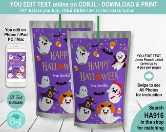 EDITABLE Halloween Cute Little Ghost Juice Pouch Label. Printable Capri Kool Sun Juice Bag Label Template. You Edit Party Favor. Corjl HA916