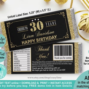EDITABLE 30th Birthday Chocolate Candy Bar Wrapper Personalised Template. 1.55 oz Chocolate Man Adult Birthday Party Favor Printable AB126