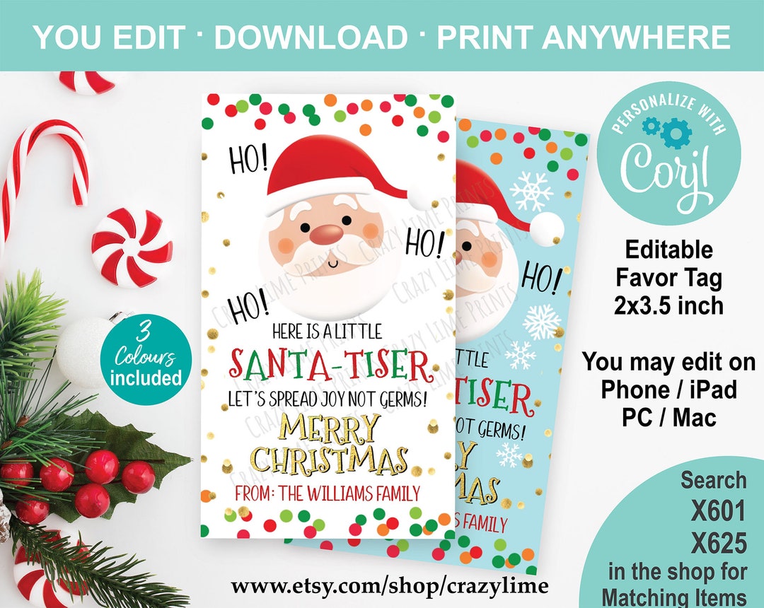EDITABLE Christmas Hand Sanitiser Gift Tag. Santa-tizer Merry Christmas ...
